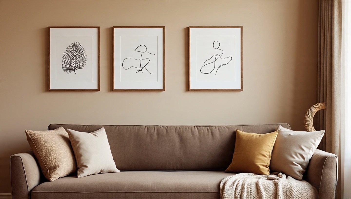 Above-sofa boho gallery wall 60 to 70 percent of sofa width with hero piece, supporting prints and rattan mirror 20 cm above sofa