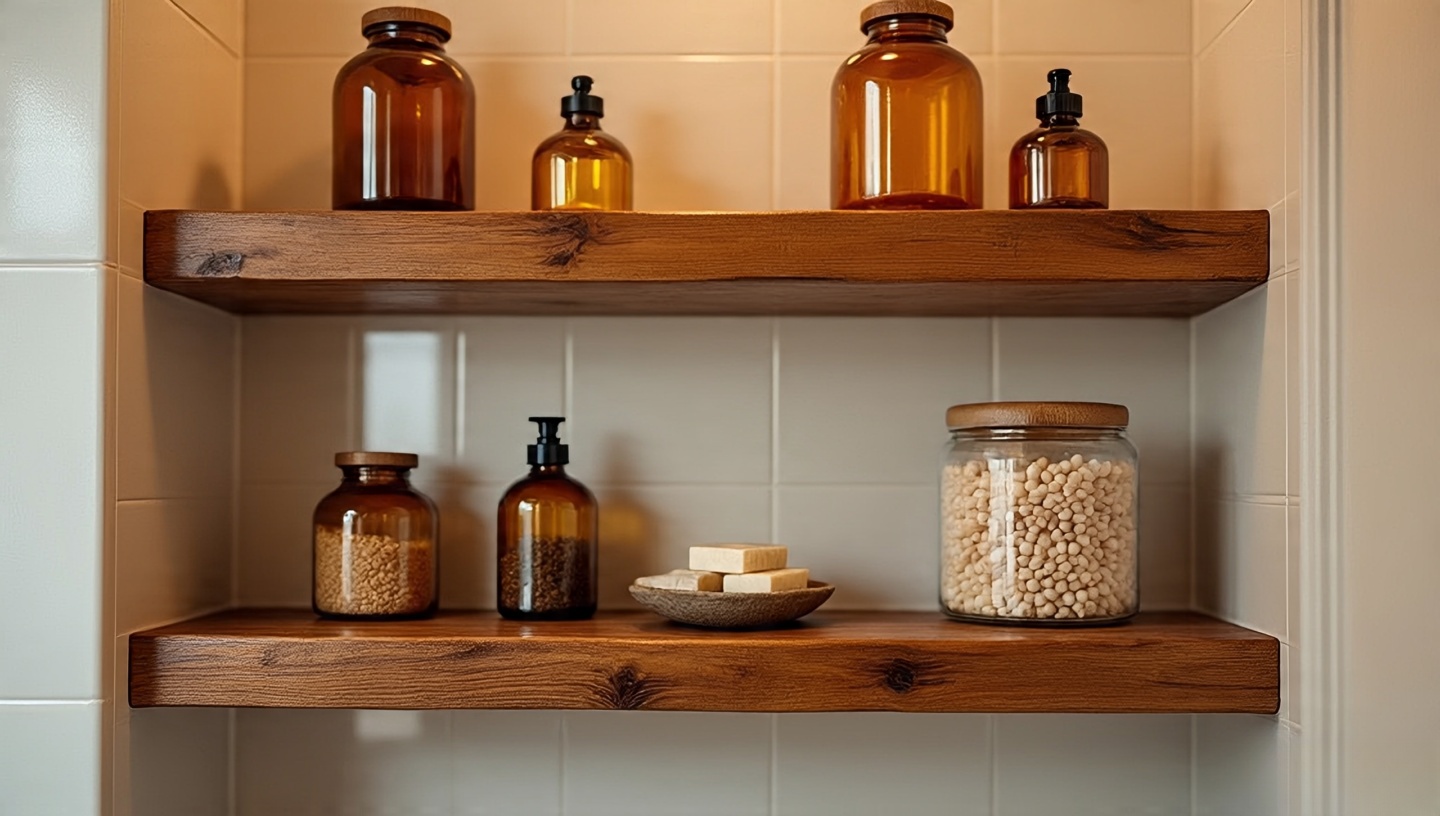 Bathroom floating shelves with amber apothecary jars, bath salts and clay soap dish styled like a boutique spa