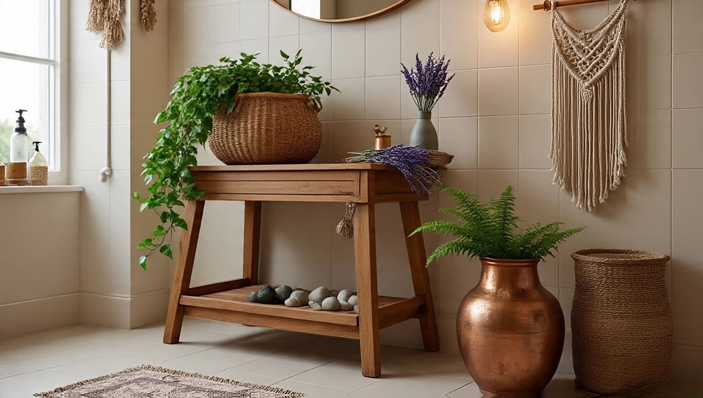 Boho bathroom planter ideas: rattan baskets, macrame hanger with trailing ivy, and repurposed copper jug planter