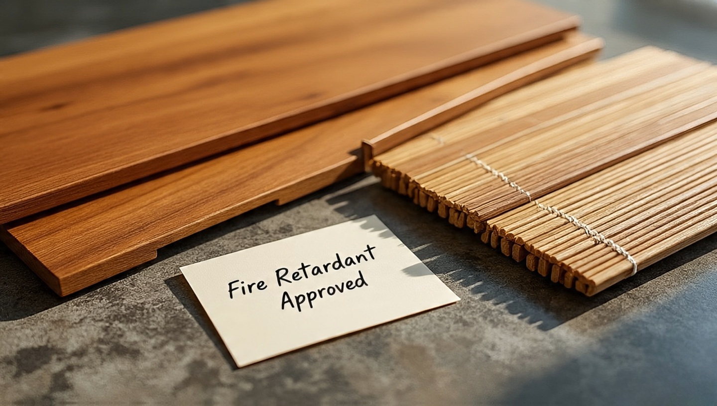 Material mood board with teak, bamboo, sealed rattan samples and fire-retardant note