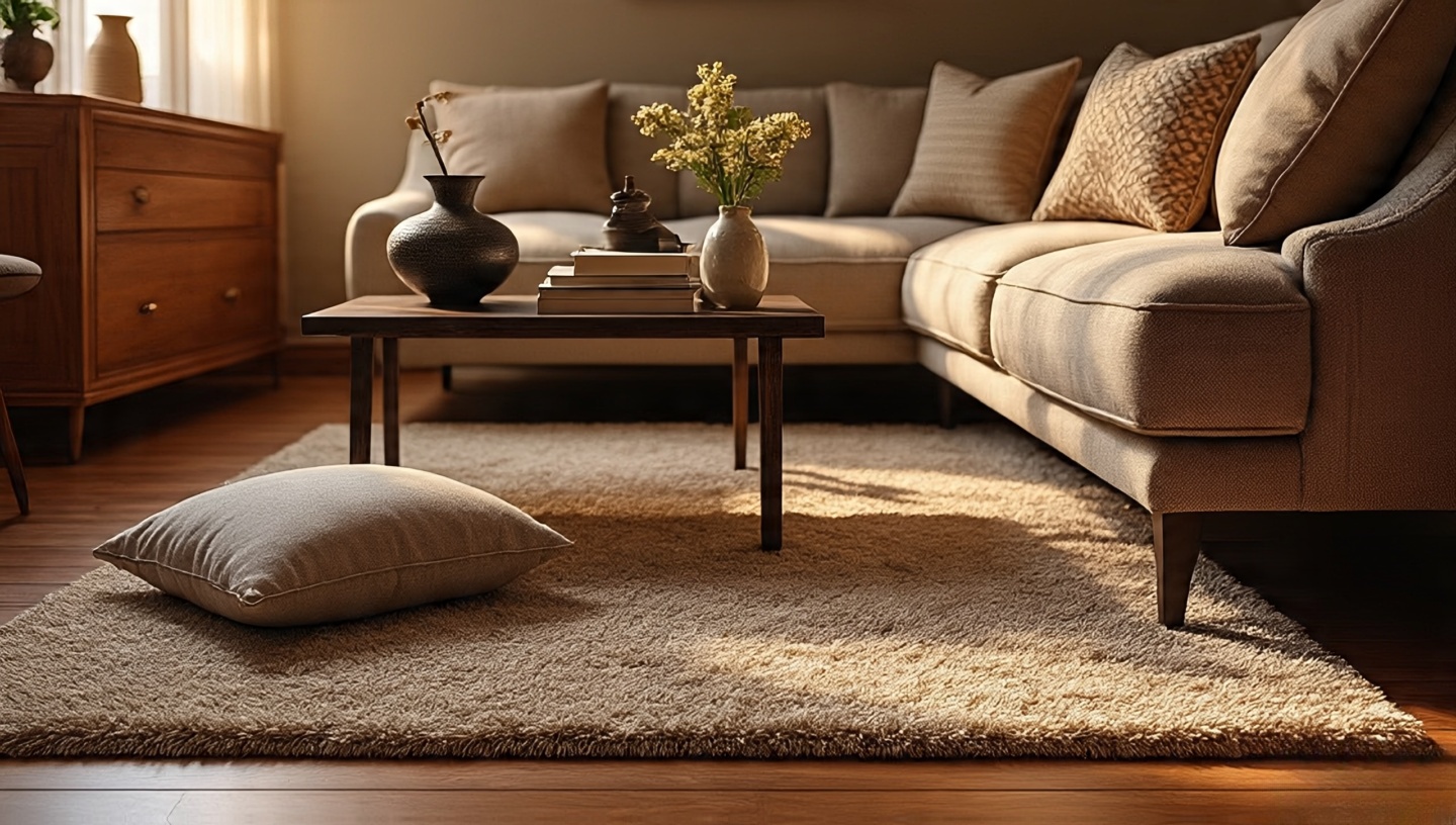 Comparison of wrong rug scale versus proper scale and a curated cushion set to avoid clutter