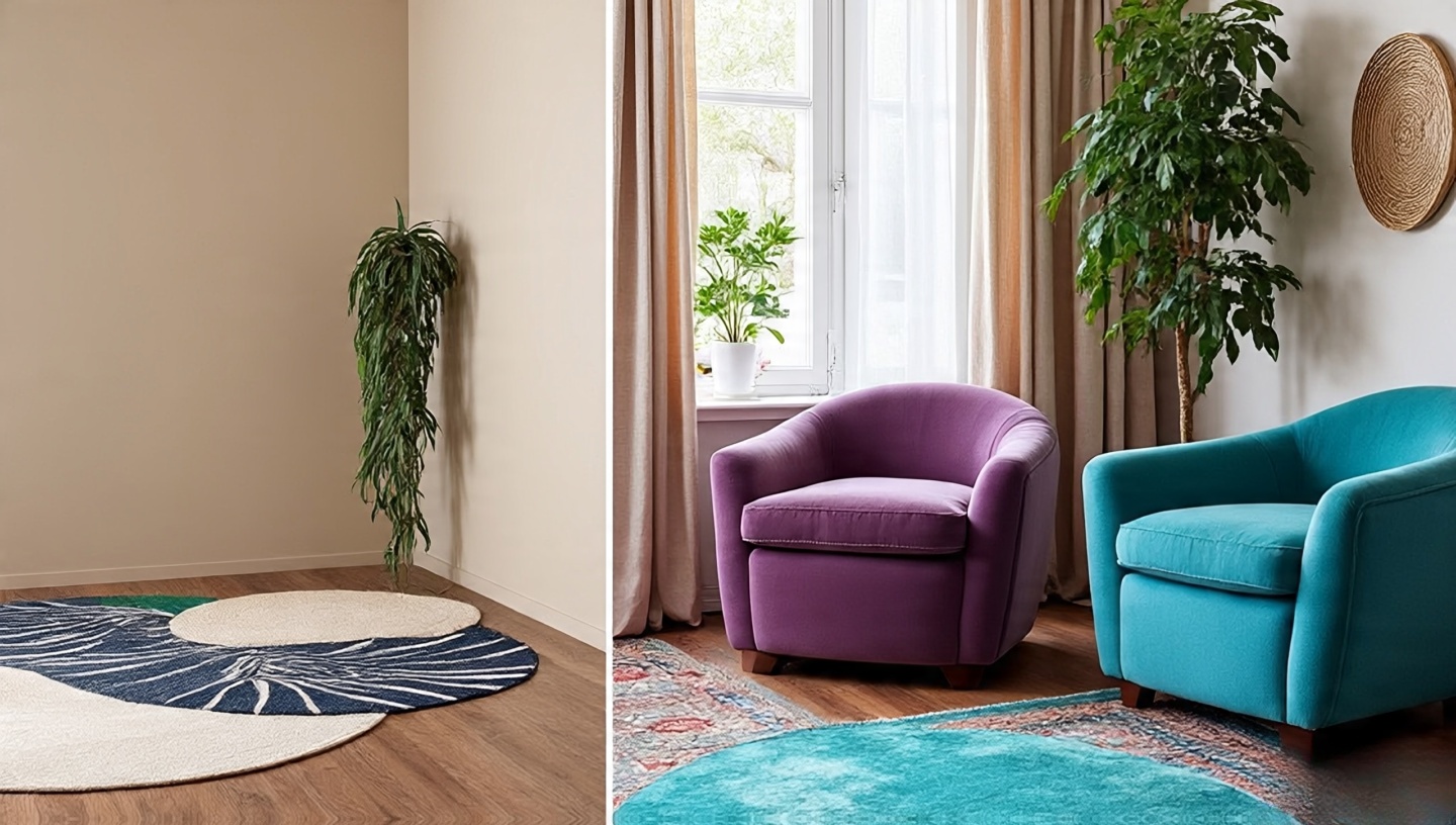 Common boho palette mistakes shown in a split-room comparison of neutral and jewel-toned halves