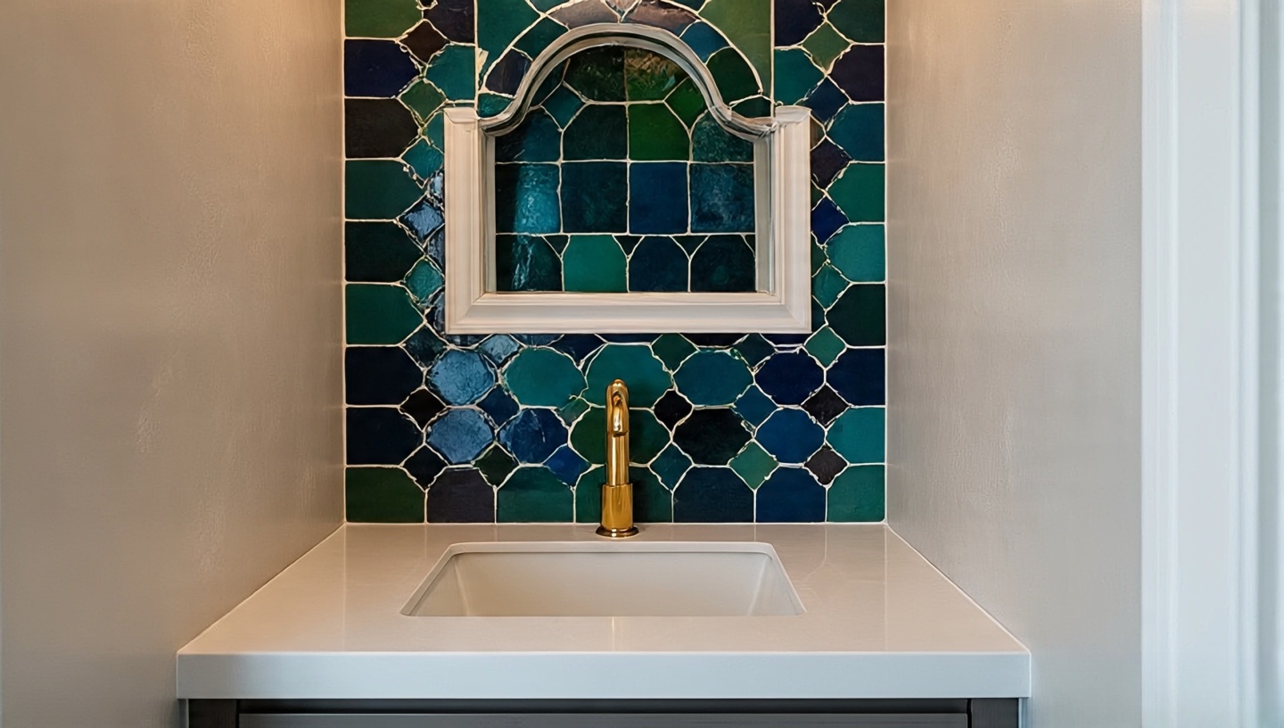Compact powder room with jewel-toned zellige focal point
