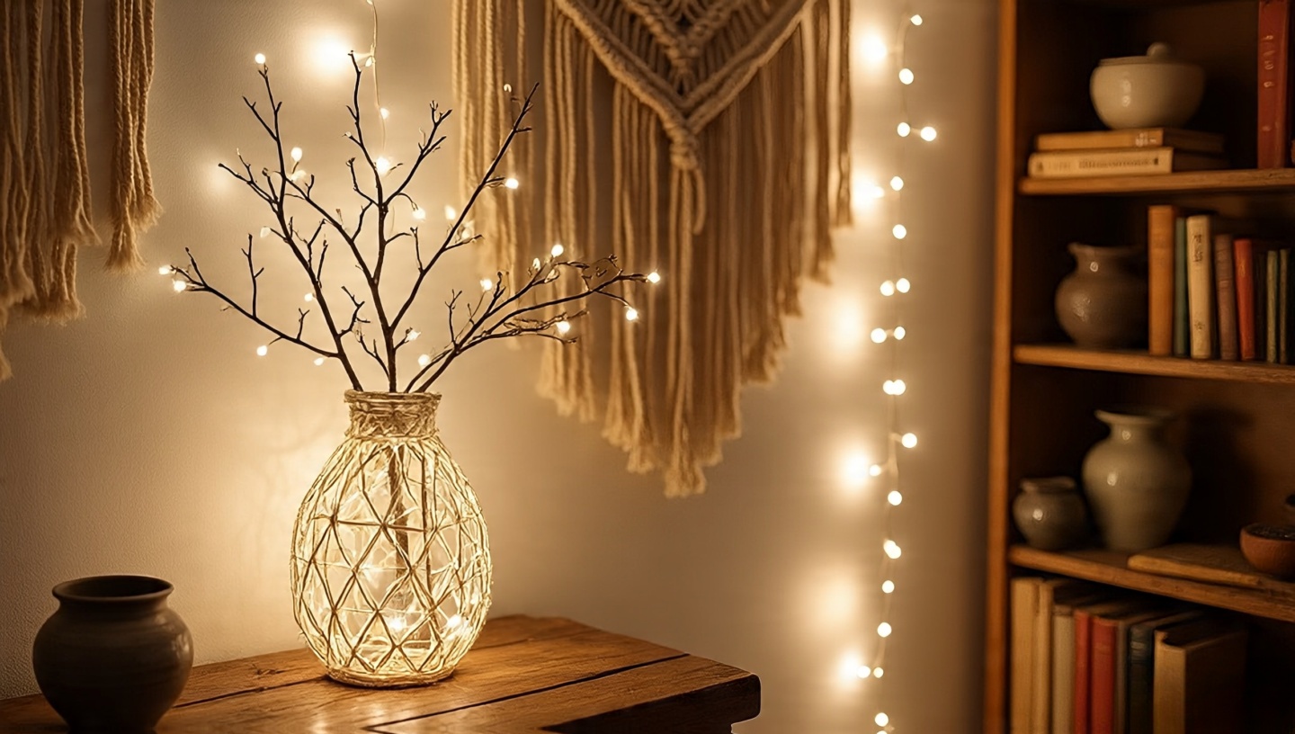 Fairy lights woven into dried branches behind macramé and along rustic bookshelf for subtle Boho atmosphere