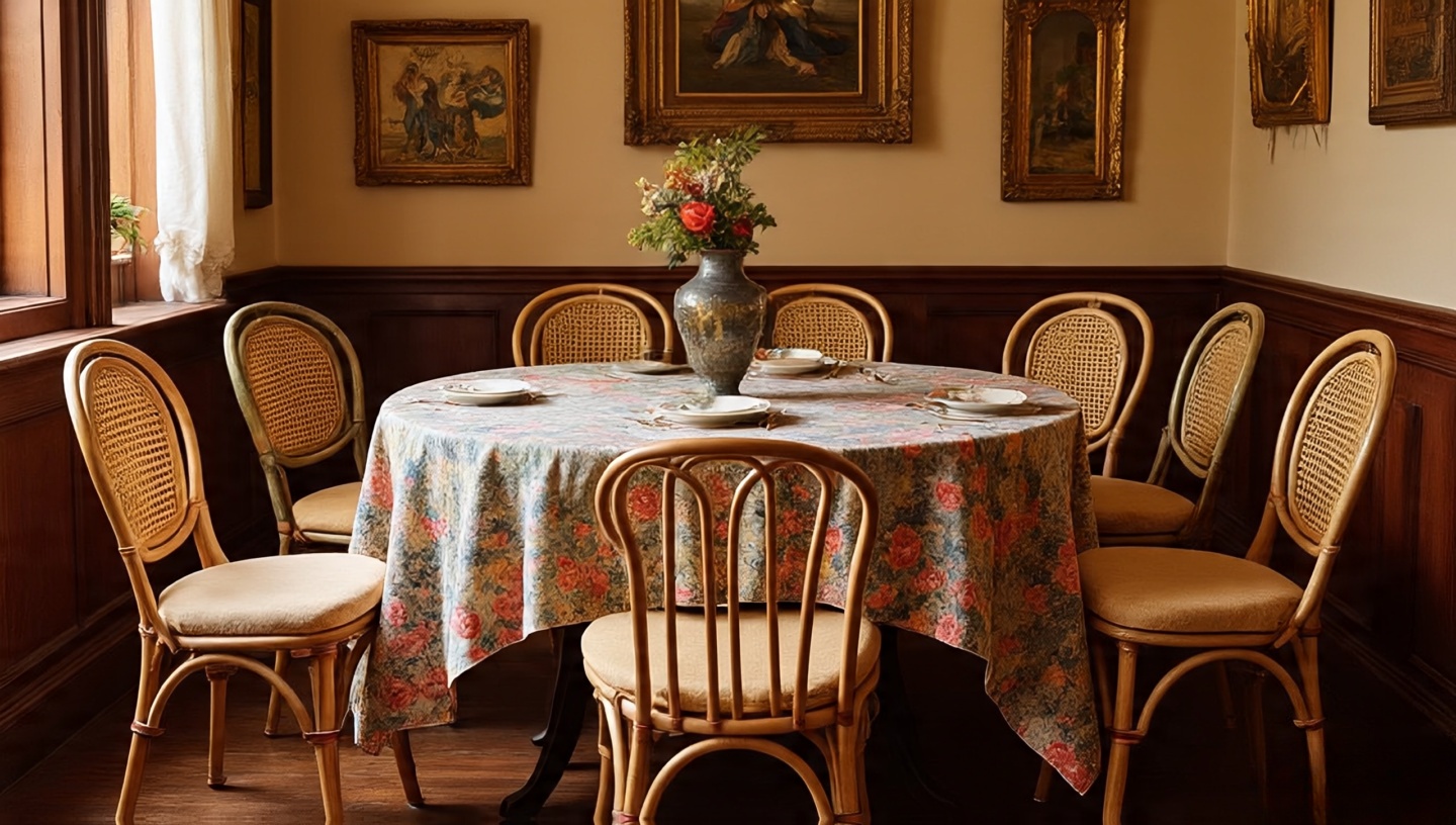 Eclectic dining with many mixed chairs balanced by repeating cane chairs at the table ends to create rhythm
