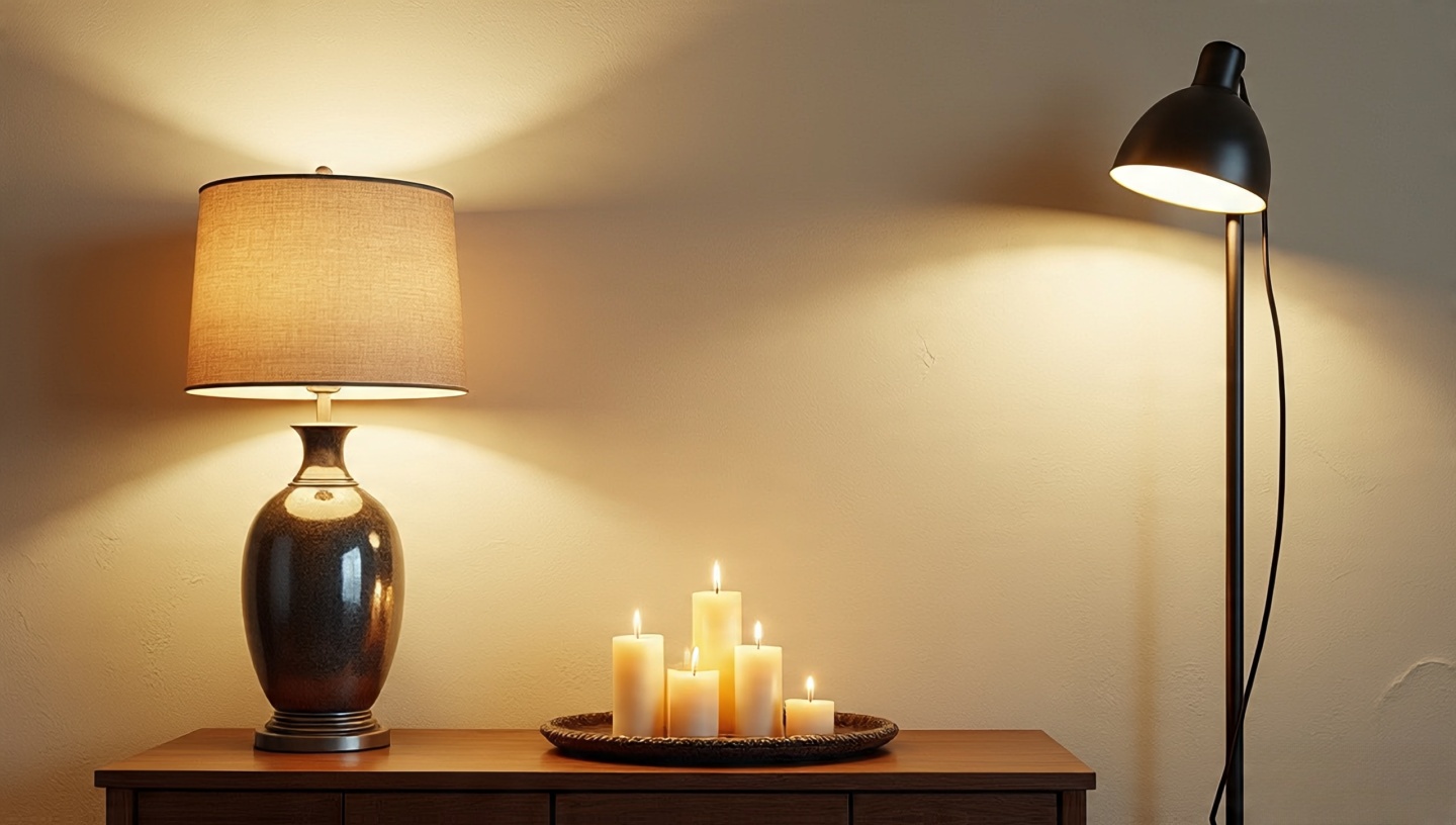 Layered lighting plan with shaded table lamp, floor lamp grazing limewash wall, and safe candle cluster