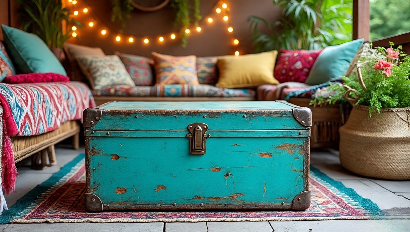 Reclaimed turquoise-painted side table used as a low table on patio with rugs, pillows and woven basket