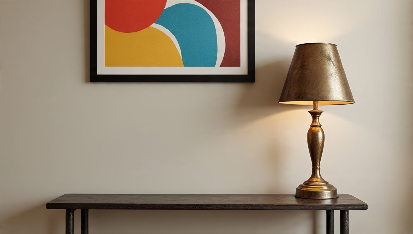 Balanced Boho vignette with vintage brass lamp on a slim console paired with a modern framed print and open space