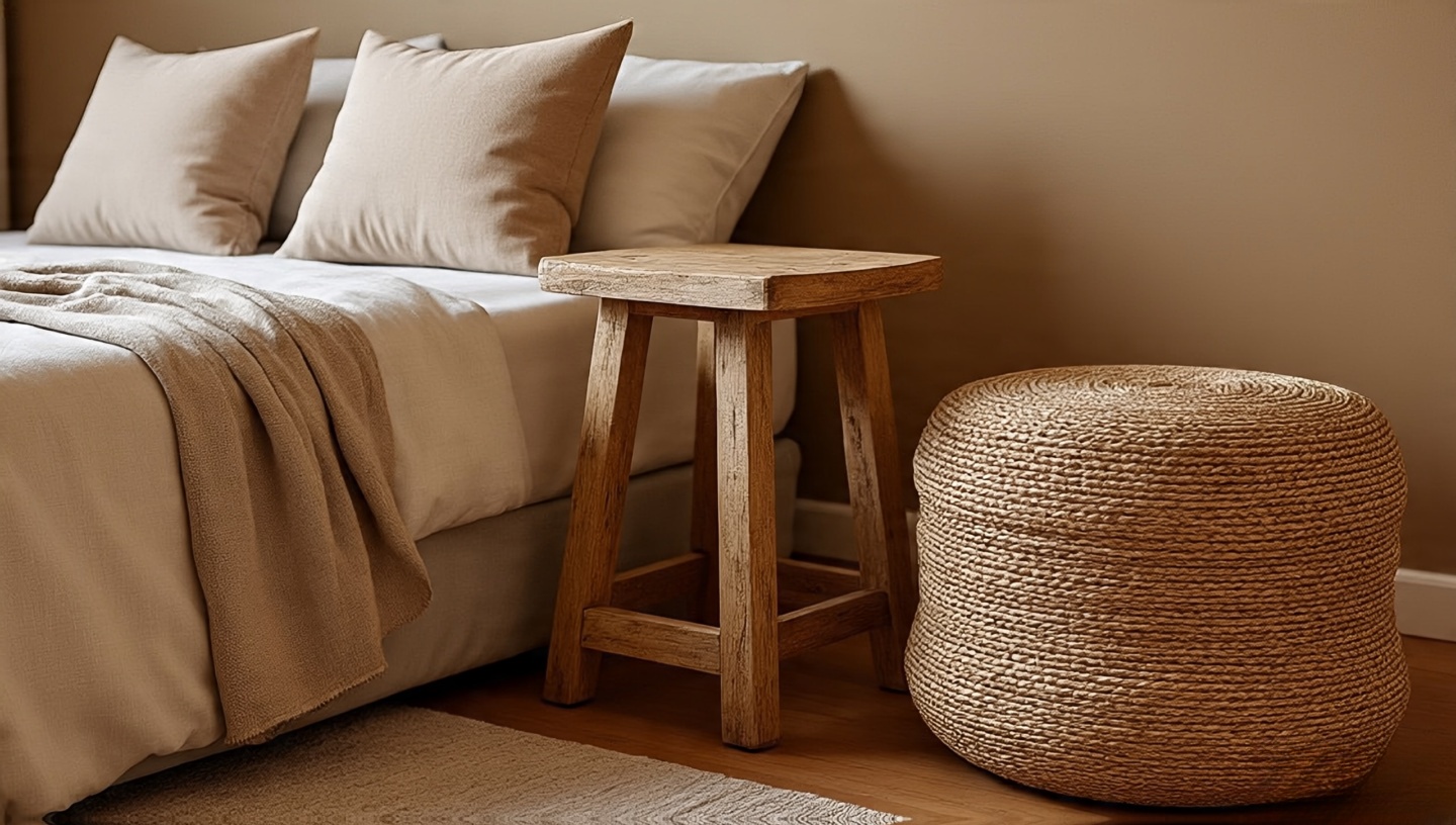 Mismatched Bohemian nightstands: rustic stool on one side and woven basket on the other