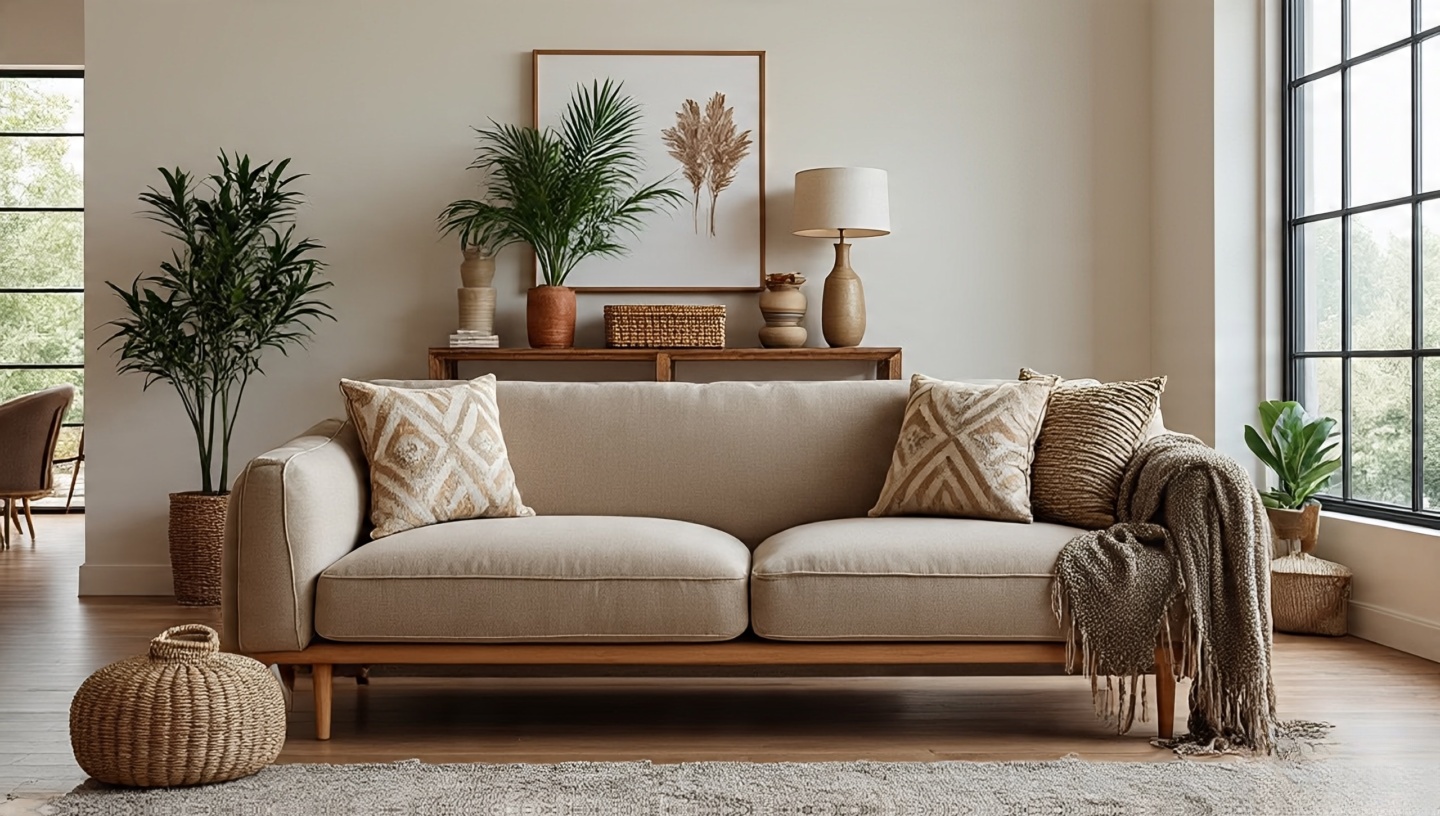 Open concept Boho living room using the sofa as a divider with a slim console, baskets and plants