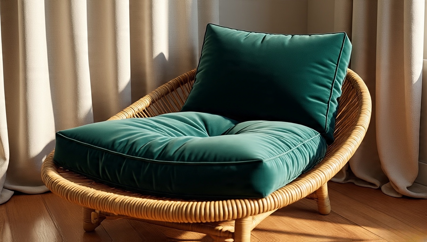 Rattan chair with deep emerald velvet cushion in sunlit Bohemian corner