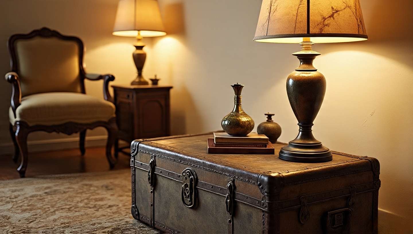 Cozy living room vignette with a weathered trunk coffee table, scarred wood side table, and patina-rich vintage lamp