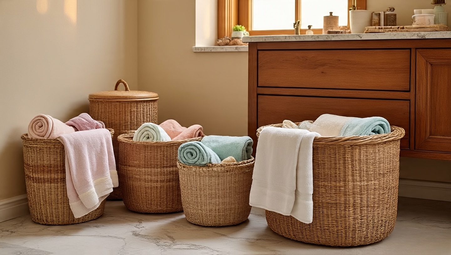 Wicker storage baskets with rolled towels in Boho bathroom