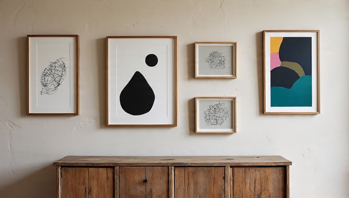 Boho gallery wall arrangement with jewel-toned art on a neutral plaster wall