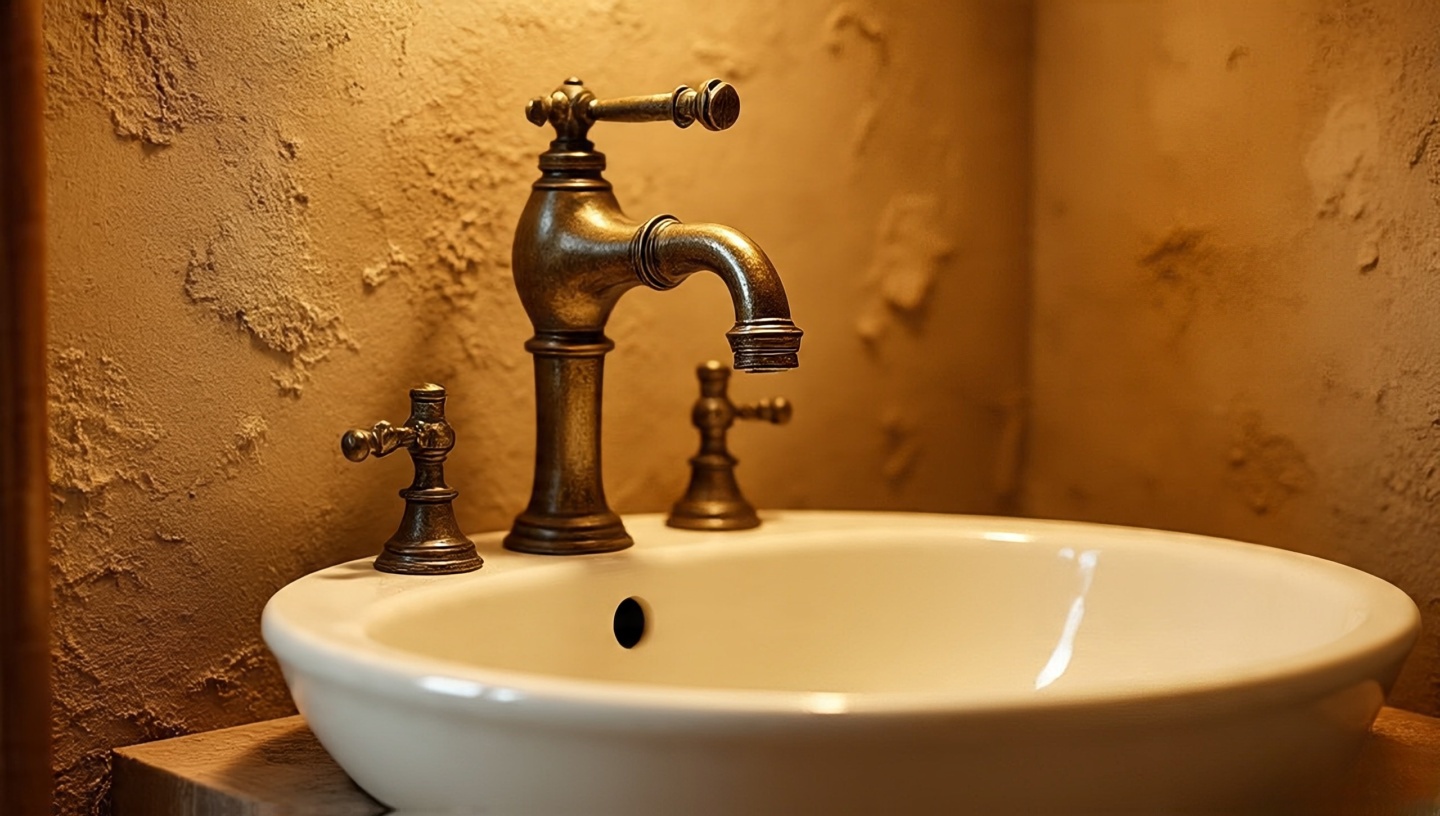 Unlacquered brass faucet with natural patina over ceramic sink