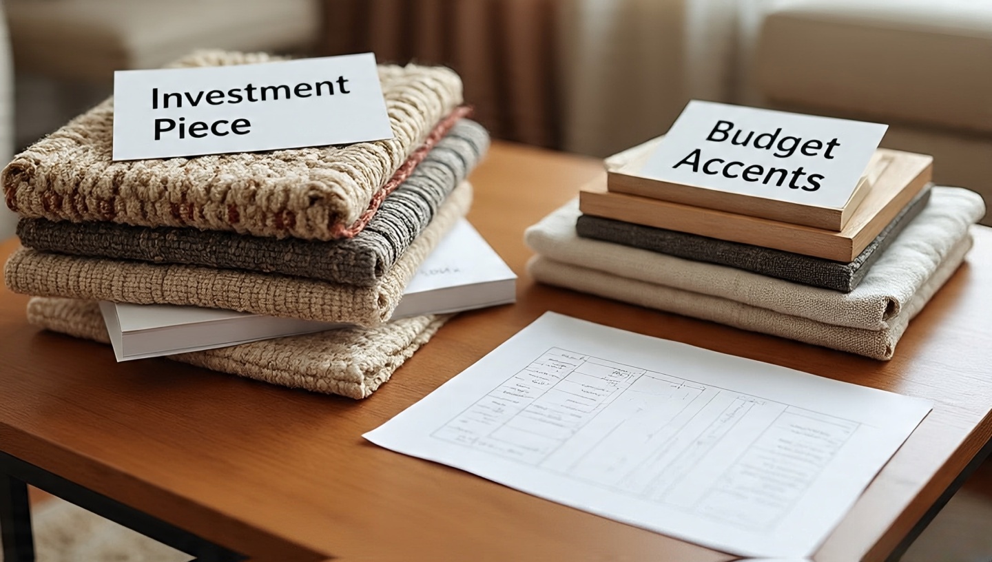 Budget scene comparing investment Moroccan rug samples with budget accents and a worksheet showing 60 percent allocation