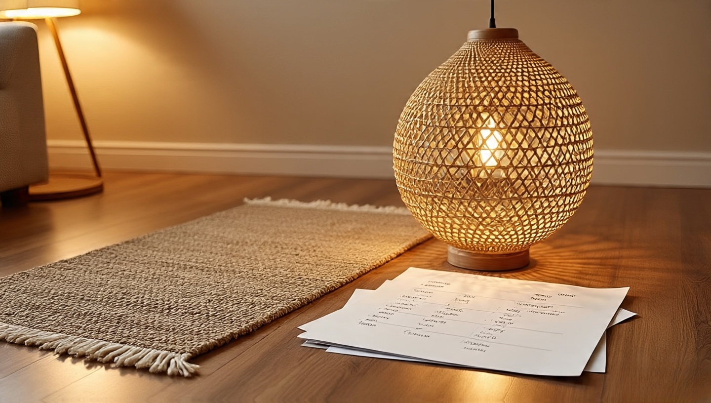 Styled vignette with jute rug, rattan pendant, stacked cane baskets, and labeled cost notes for phased Boho upgrade