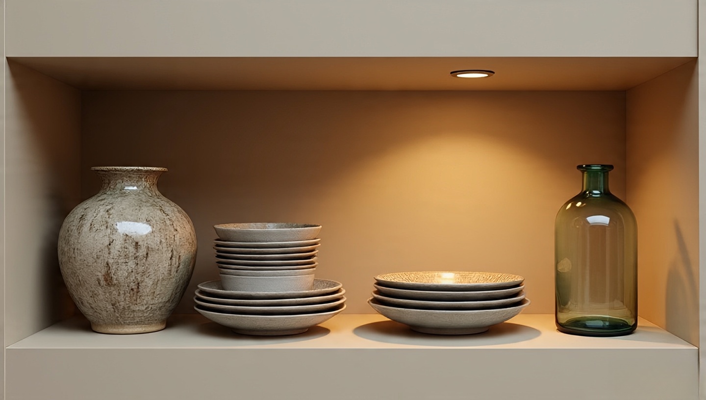 Comparison shelves showing cluttered overcrowded side versus curated arrangement with breathing space