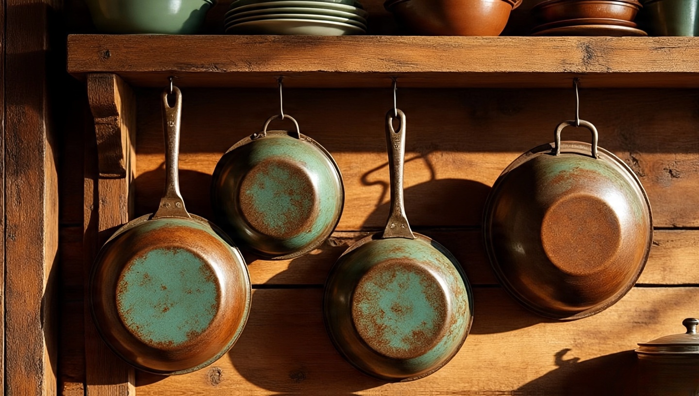 Aged copper pots with natural green patina on open wooden kitchen shelves