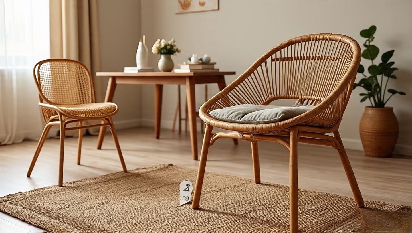 Boho vignette with jute rug, rattan chair, wood table and subtle price tags