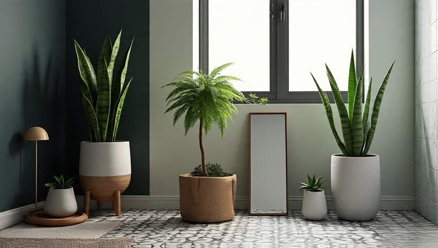 Four bathroom plant scenarios: snake plant for no window, ferns and orchids for skylight, aloe for function, peace lily for spa mood