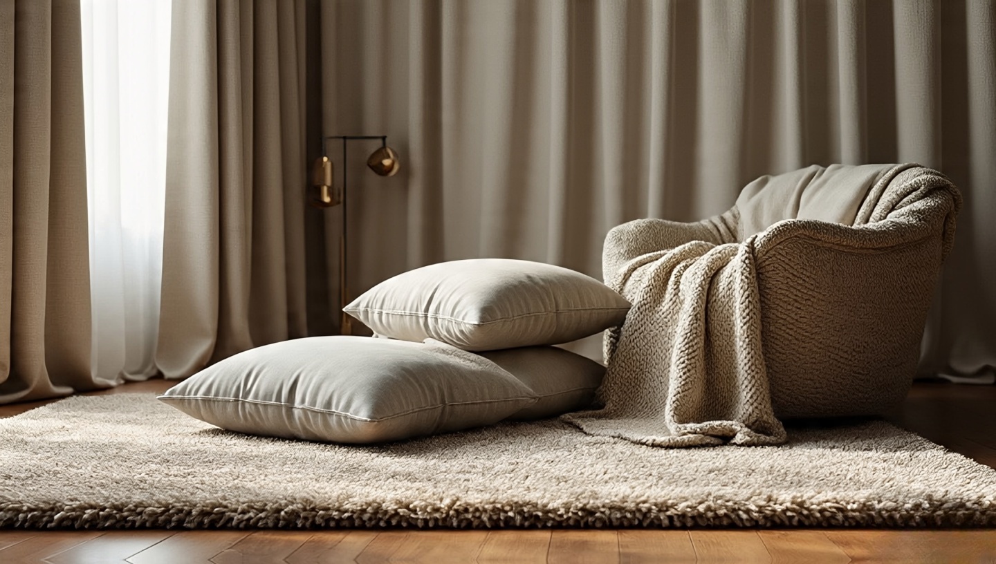 Thick wool rug, layered cushions, and knitted throw creating a calm, warm Boho mood