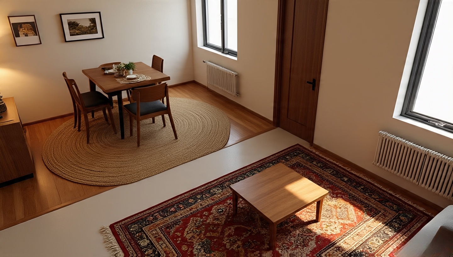 Bird’s-eye view of a small studio with two rug zones, jute for dining and kilim for lounge, plus diagonal coffee table