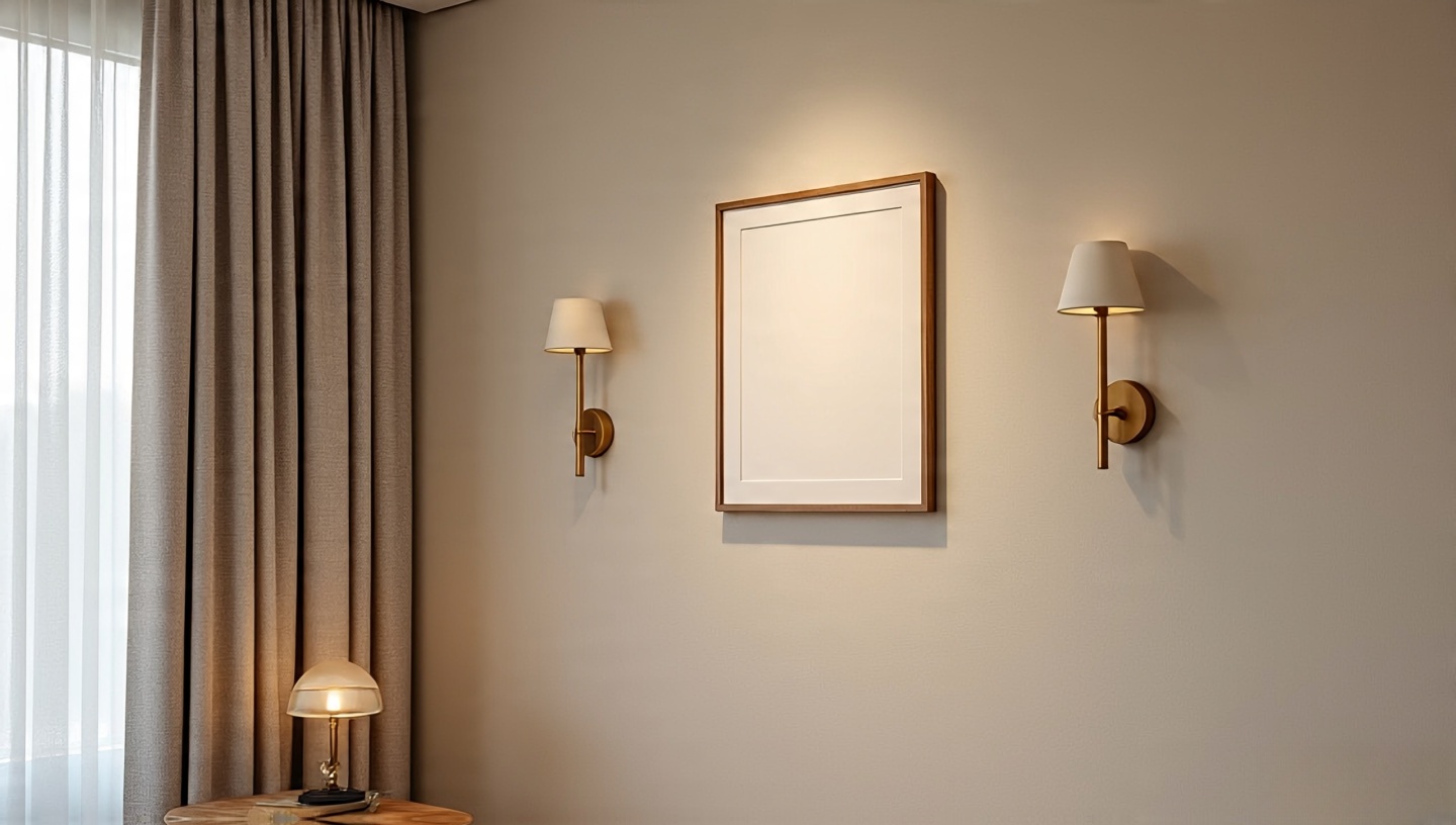 Boho gallery wall lighting with slim picture light, side sconces and filtered daylight creating a warm 2700K glow without glare