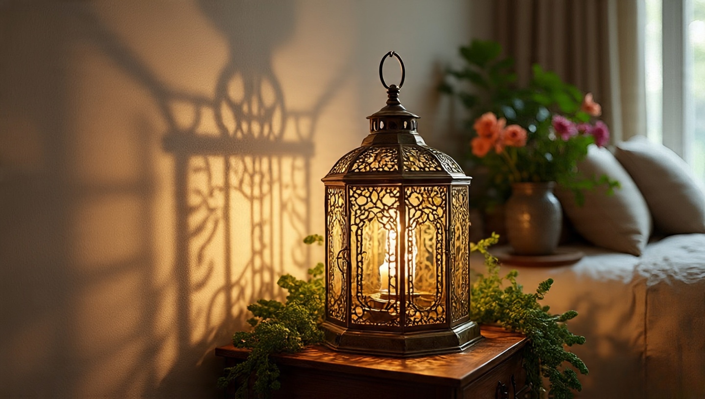 Perforated brass lantern casting lace-like shadows across Bohemian bedroom walls