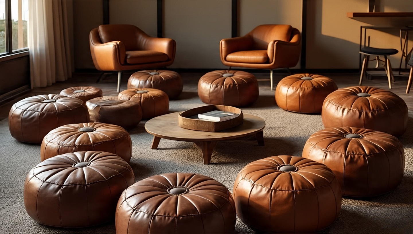 Crescent layout of leather poufs and oversized floor cushions around a low table with tray