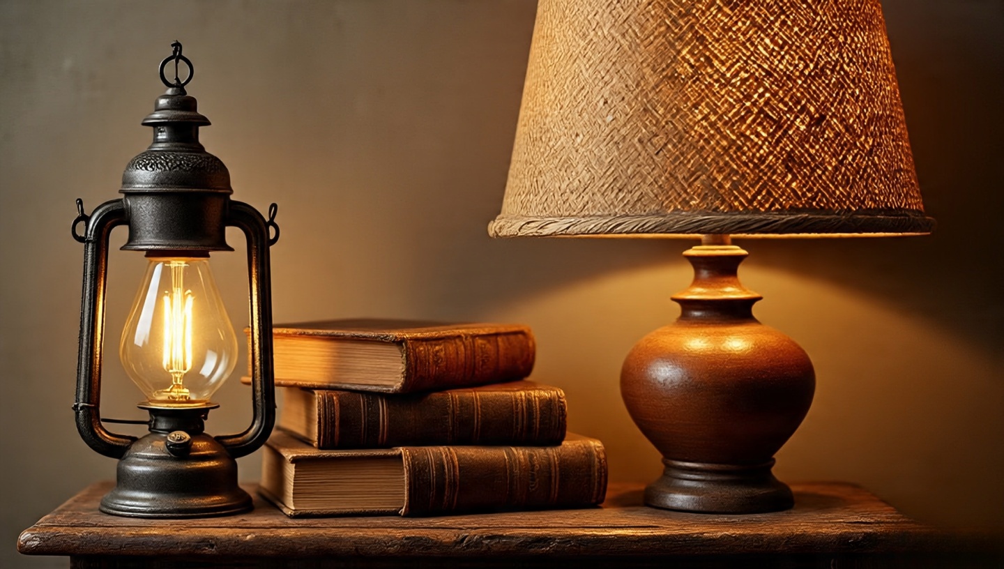 Modern Edison bulb inside antique lantern next to terracotta base with woven shade on vintage books
