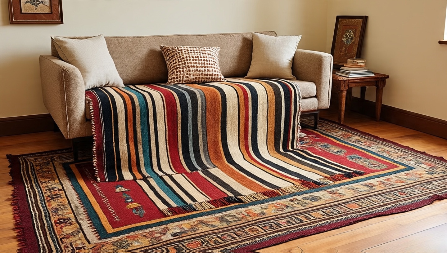Pattern harmony with a large Navajo rug anchor, striped throw, and small dotted cushion balanced by plain linen textures