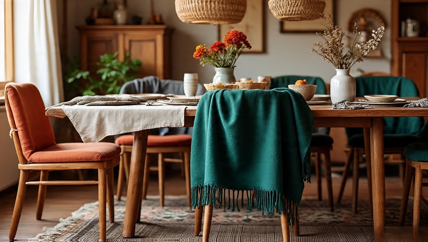 Two seasonal setups of the same Boho dining room with summer terracotta cushions and winter jewel-toned throws