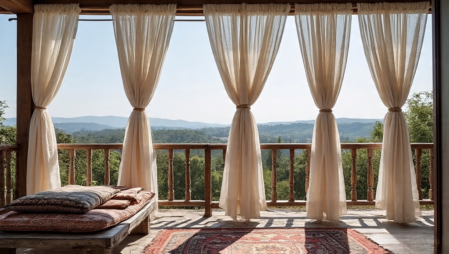 Balcony with sheer cotton curtains, patterned throws on bench and stacked cushions over layered rugs