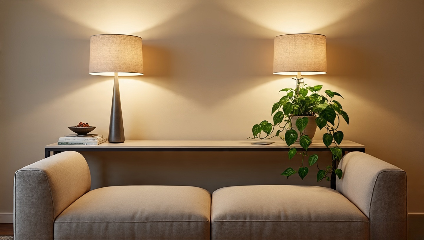Narrow console placed behind a sofa with lamp, trailing pothos, and hidden cable grommet