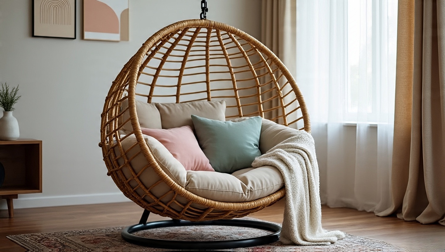 Rattan hanging chair suspended from a ceiling joist with ample 80 cm clearance and a small rug beneath