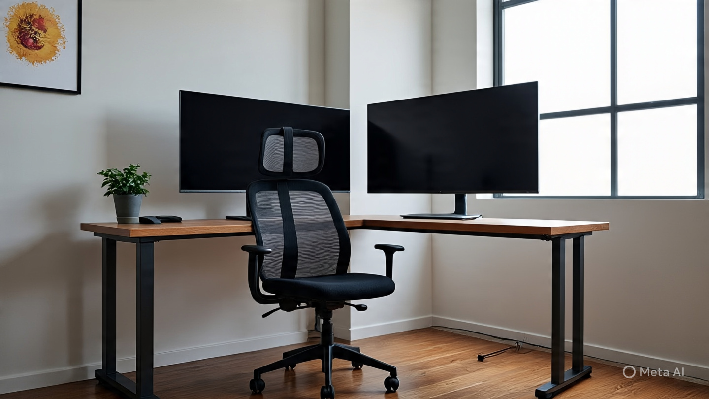 Sleek modern workstation with a boho-inspired gallery wall arrangement above the desk, clean lines and warm materials