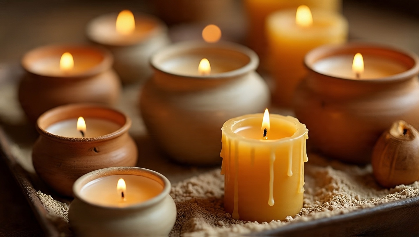 Close-up of beeswax candles in mismatched clay pots on a sand-filled tray with warm golden wax drips