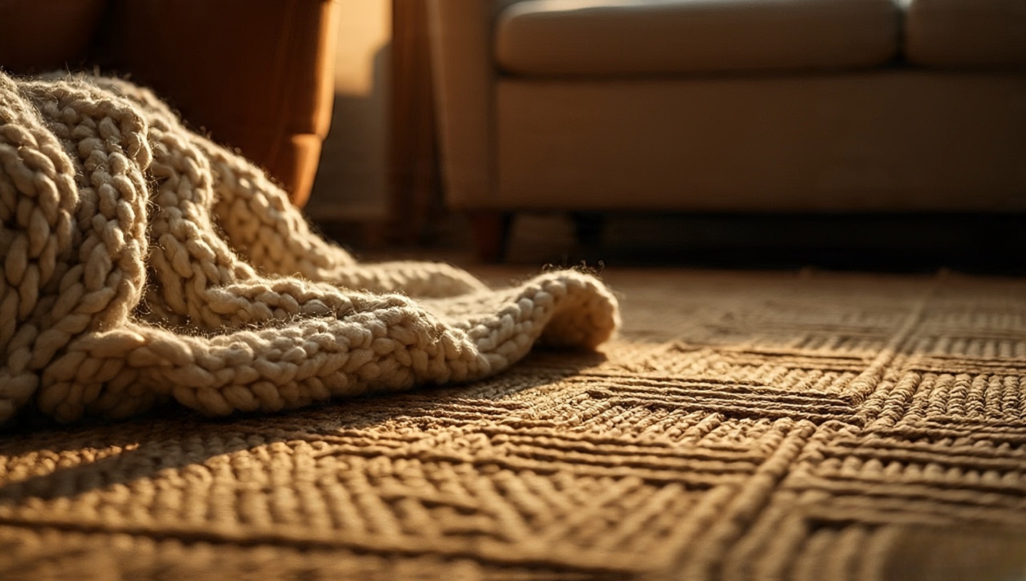 Detail of woven jute rug and chunky knit throw illuminated by soft candlelight emphasizing tactile texture