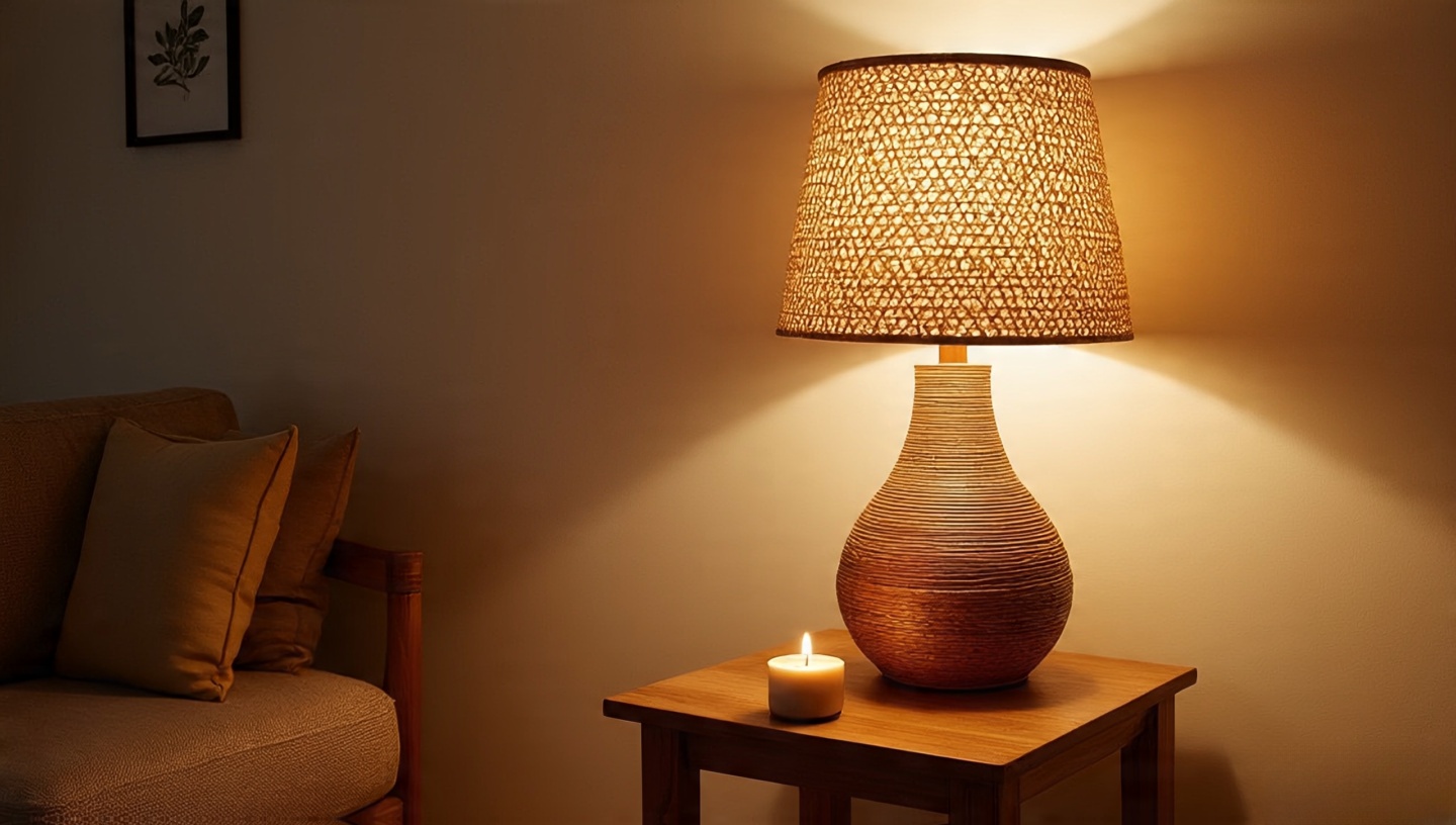 Warm Boho lighting with a woven rattan lampshade casting soft patterns, soy candle on reclaimed wood table for an eco-friendly mood