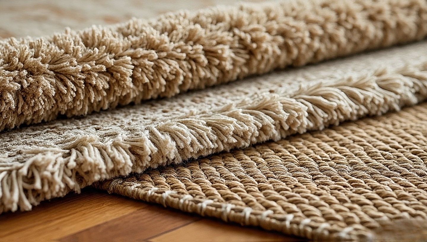 Detail of contrasting rug materials with plush Moroccan-style shag layered over a natural jute base