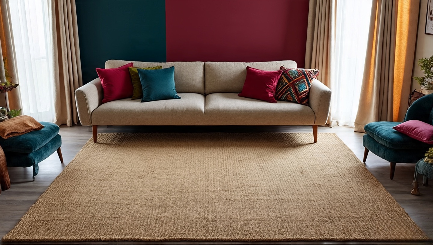 Overhead view of boho living space illustrating rug clearances and furniture spacing