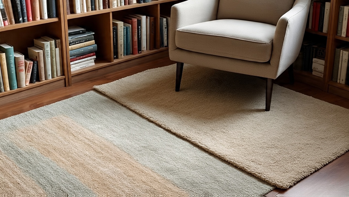 Casual asymmetrical rug overlap with one rug angled beneath an armchair for relaxed visual flow