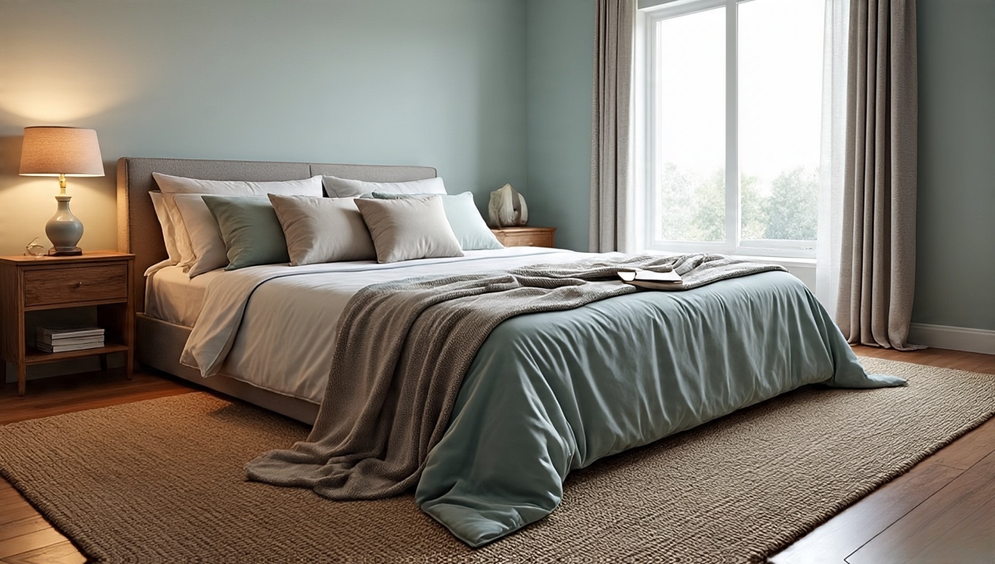Bedroom example of layered rugs with wide sisal base and narrow runner at the bed edge