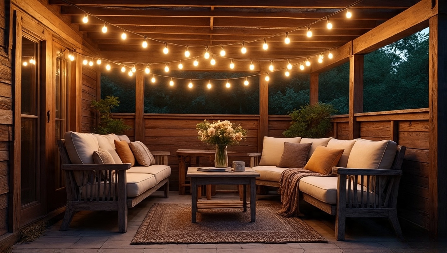 Small patio with warm Edison string lights zigzagged overhead above rustic seating creating a cozy atmosphere