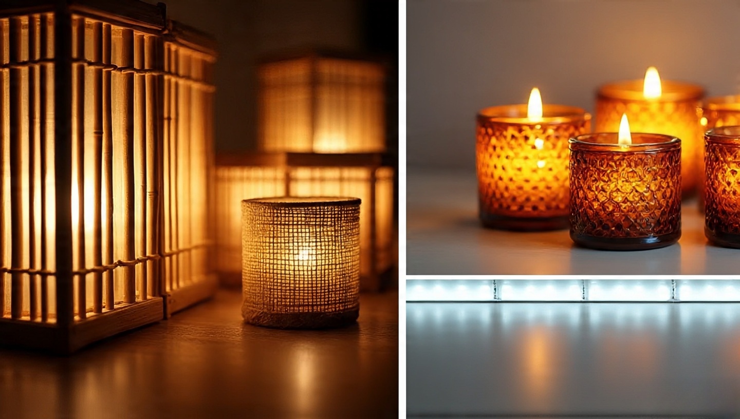 Collage of seasonal Boho lighting with summer bamboo lanterns autumn amber glass hurricanes and winter dimmable LED window strips