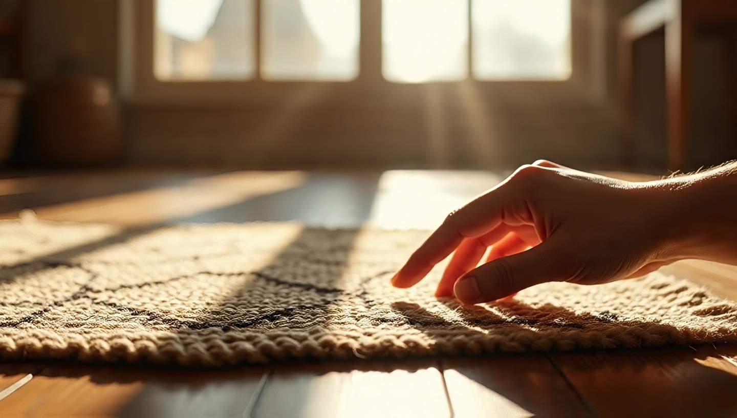 Macro shot of hand brushing a handwoven jute rug in sunlit boho interior