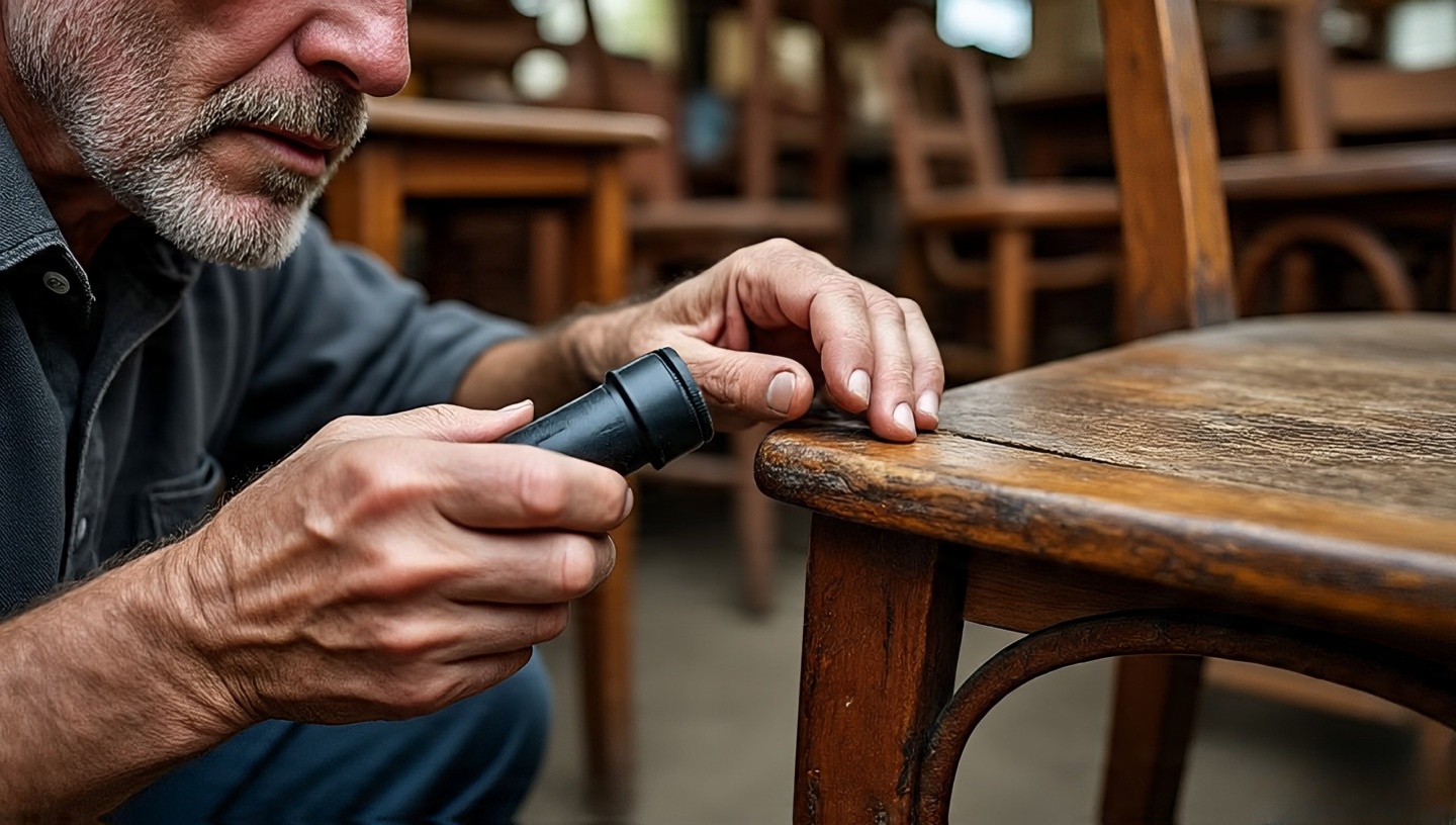 Architect inspecting vintage chair joints with a flashlight in a rustic market