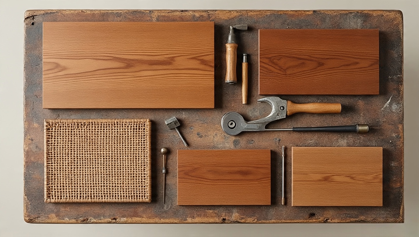 Flat lay of teak wood, brass hardware, and woven cane samples with tools and measuring tape