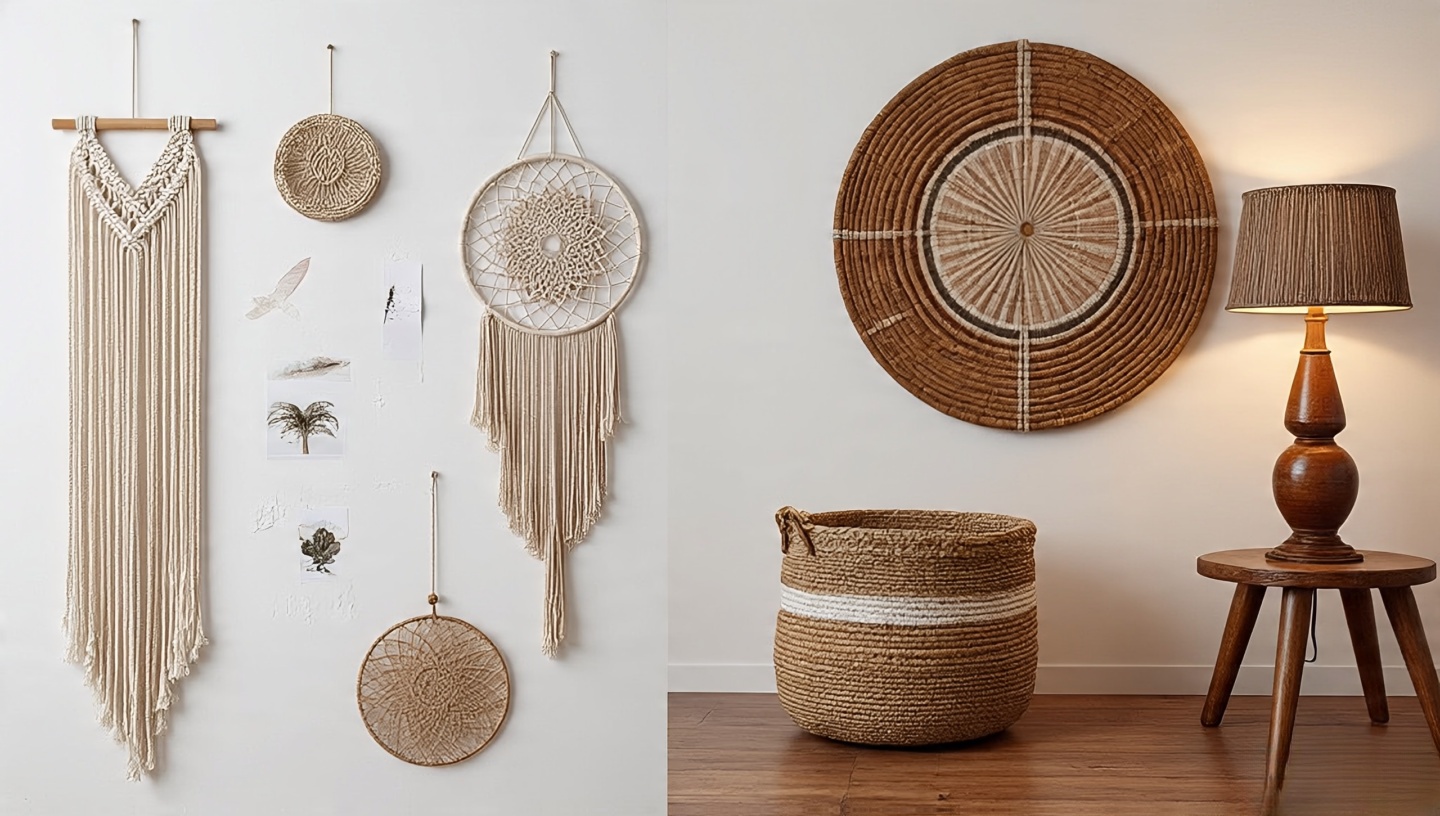 Comparison of fast-fashion decor versus authentic sustainable Boho items, highlighting synthetic macrame and plastic pieces versus handmade natural materials